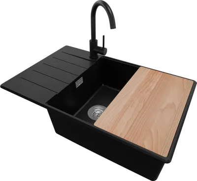 Produktbild von PRIMAGRAN Granitspüle Schwarz 78x50cm, Spülbecken 1 Becken + Küchenarmatur 32x20cm + Ablauf-Set + Schneidebrett, Küchenspüle ab 60er Unterschrank - Kopenhagen