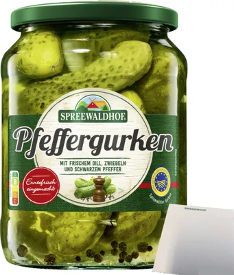 Produktbild von Spreewaldhof Pfeffergurken mit frischem Dill Zwiebeln und schwarzem Pfeffer (670g Glas) + usy Block
