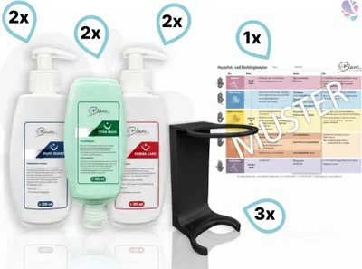 Produktbild von Hautschutzprogramm KOMPLETT-SET Mini-Fix, 6x300 ml Flaschen + Wandhalterungen + Hautschutzplan : Farbe - Schwarz Farbe: Schwarz