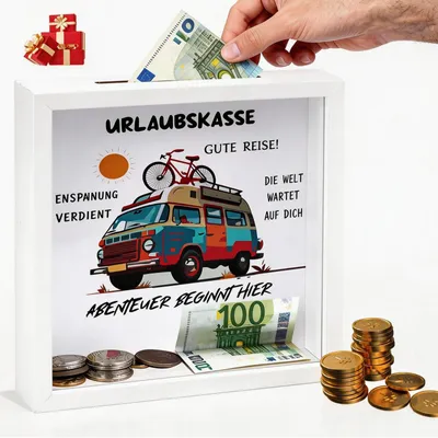 Produktbild von Geschenkidee für die Urlaubsreise, Reise-Spardose, Bilderrahmen aus Massivholz für Reisebegeisterte