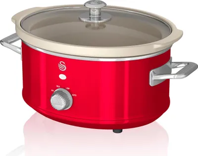 Zdjęcie produktu dla SWAN SF17021RNEW Retro Slow Cooker 3,5L, nieprzywierająca ceramika wolna od PFOA i PTFE, vintage czerwony