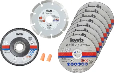 Produktbild von kwb Tenké rezné kotúče + diamantový a brúsny kotúč Ø 125 mm pre uhlovú brúsku, rezný kotúč f. Nerezová oceľ INOX v úložnom boxe vrátane zátky do uší ABM. 125 x 1 x 22,23 , 10 ks (balenie po 1 ks)
