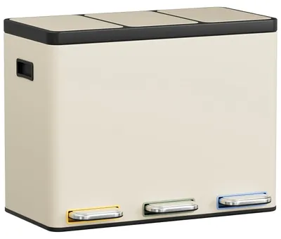 Immagine prodotto di Contenitore per rifiuti da cucina con 3 scomparti, pedale antiscivolo e coperchio con chiusura ammortizzata, capacità di 45 litri