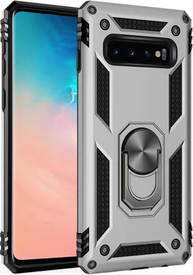 Produktbild von LaimTop Galaxy S10 Hülle, Hybrid Robuste Rüstung Drehbarer Ring Halter Ständer Dual Layer Hard PC + TPU Stoßfest Schutzhülle für Samsung Galaxy S10 Silber