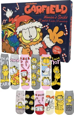 A collage of Garfield socks and a Garfield advent calendar box.