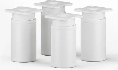 Four white adjustable furniture legs are arranged in a group on a white background.