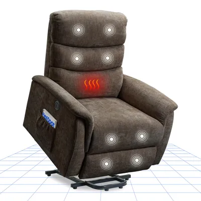 A brown massage recliner chair with heating and massage features, shown on a white grid background.