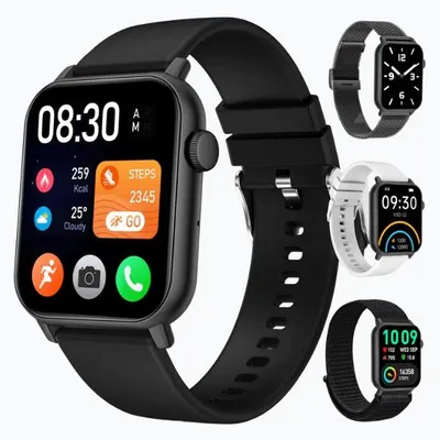 Produktbild von Siltcon® Smartwatch Pro Herren & Damen Schwarz – Telefonfunktion – 123 Sportmodi – Schrittzähler – 4 Armbänder