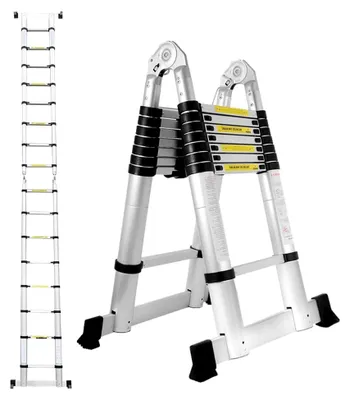 Produktbild von Teleskopleiter Aluminium 5 m, Ausziehbare Klappleiter, Rutschfeste Aluleiter, Mehrzweckleiter mit 150 kg Tragfähigkeit