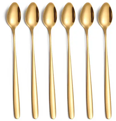 Produktbild von Latte Macchiato Löffel Set - 6-teilig mit 19,8 cm langem Griff - Rührlöffel für Eiskaffee und Milchshakes - Edelstahl Gold