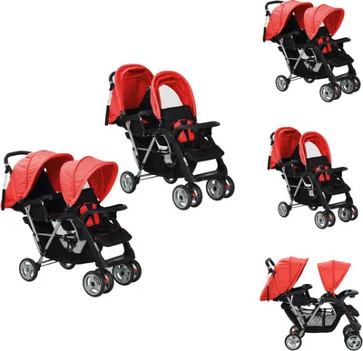 Zdjęcie produktu dla vidaXL Wózek dziecięcy tandem stalowo-czerwono-czarny - Wózek dziecięcy