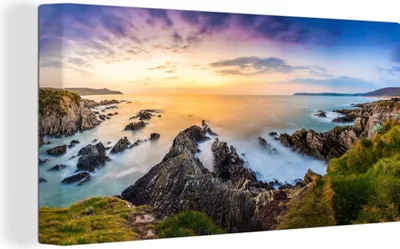 Produktbild von OneMillionCanvasses® - Leinwandbilder - Bild auf Leinwand Wandbild Leinwandbild Sonnenuntergang - Horizont - Wasser - Landschaft - Blau, 80x40 cm, Kunstdruck Wandkunst Gemälde auf Holzrahmen - Bilder auf Leinwand