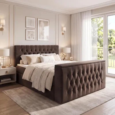 Produktbild von ELVORA DESIGNE Boxspringbett 180x200 cm HALO mit Bonellmatratze H3 & Topper, Bettkasten, Dunkelbraun