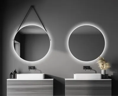 Zdjęcie produktu dla Lustro ?cienne okr?g?e Talos White Light Matt Ø 80 cm - lustro ?azienkowe z o?wietleniem po?rednim - wisz?cy pasek o wygl?dzie skóry - pod?wietlane lustro z neutralnym bia?ym ?wiat?em - wysokiej jako?ci matowa bia?a aluminiowa rama - lustro ?azienkowe