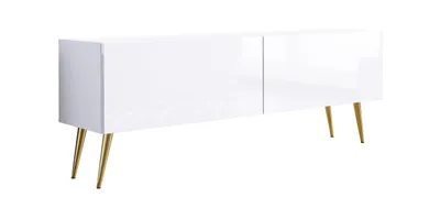 Image de Meuble TV : Blanc mat / Blanc brillant, pieds dorés, 140 x 52 x 32 cm