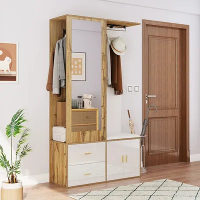 A hallway or entryway with a multi-functional furniture piece including a mirror, coat rack, and shoe storage.