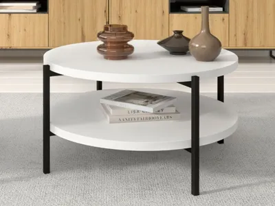 Produktbild von GrainGold Couchtisch mit Ablage Sevilla - Couchtisch Rund, Wohnzimmer Couchtisch, Moderne Couchtisch - Couchtisch Weiß Matt
