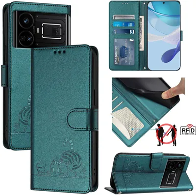 Produktbild von Leder Hülle für Realme GT 5G/Realme GT Neo 5G Süße Katze Flip Case Brieftasche Schutzhülle mit Standfunktion Grün