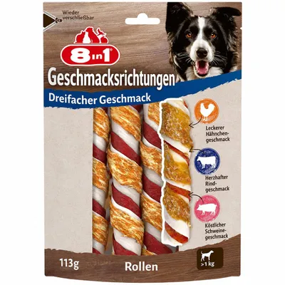 Immagine prodotto di bastoncini da masticare 8in1 Triple Flavour Rolls per cani - bocconcini con carne extra, sacchetto da 113 g (3 pezzi)