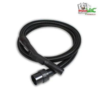 A black vacuum cleaner hose with a handle and connector is coiled on a white background.
