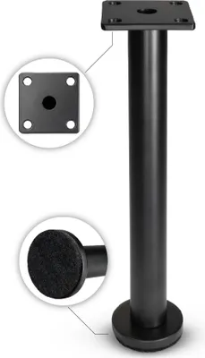 A black furniture leg with close-up views of the top mounting plate and the felt-covered bottom.