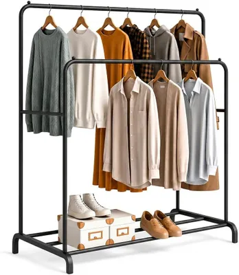 Produktbild von Kleiderständer 110 x 150 x 54 cm, Metall, schwarz, mit Schuhablage, Kleiderorganizer