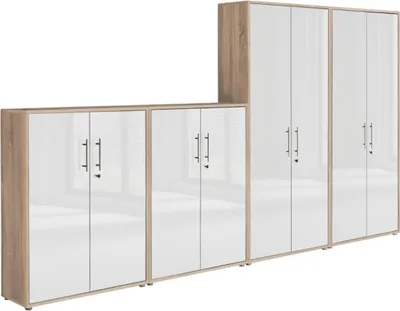 Produktbild von Aktenschrank TABOR 54 in Eiche Sonoma / weiß Hochglanz, Schrankwand, Büroschrank, abschließbar, Metallgriffe