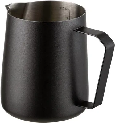 Produktbild von Milchschäumkanne 600 ml – Schwarzes Edelstahl-Milchkanne mit Maßverteilung – Barista-Milchkanne für Cappuccino, Latte und Espresso