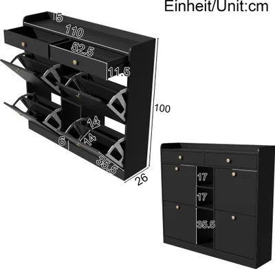 Produktbild von Schuhschrank，Schuhkipper，Schuhablage，Sideboard，Schuhregal，platzsparend，Schuhkommode，Schuhständer，Beistellschrank，mit 4 Klapptüren&2 Schubladen,schwarz