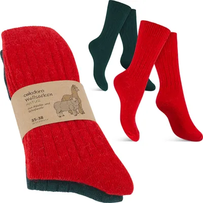 Produktbild von Celodoro Damen & Herren Natur Wollsocken mit Alpaka (2 Paar) - Rot Grün 35-38