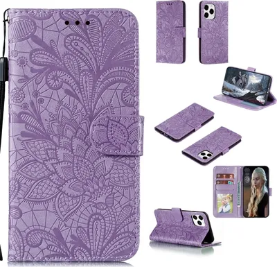 Produktbild von Mobigear Flowers iPhone 12 Pro Hülle Klapphülle Geldbörse - Lila