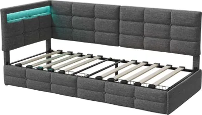Image de Canapé-lit en L - Lit de jour simple 90 x 200 cm - Structure en bois avec 2 tiroirs - Lit pour enfants et adolescents - Revêtement en lin gris
