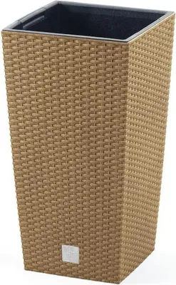 A tall, square planter with a woven texture.