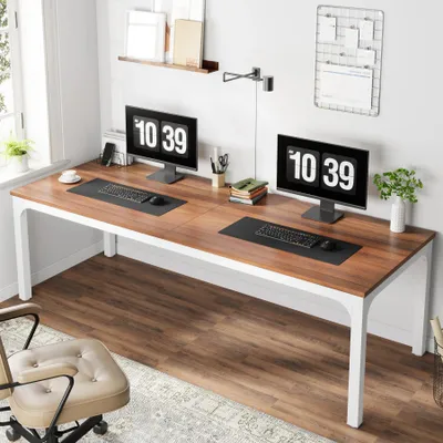 Obrázek produktu pro Počítačový stůl pro 2 osoby – dvojité pracoviště – extra dlouhý (200 cm) – 70 × 75 cm – obdélníková deska z břízy – domácí kancelář – ořech