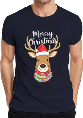 Produktbild von Merry Christmas Weihnachten Rentier Nikolausmütze niedlich bunt Herren T-Shirt, Navy, XXL