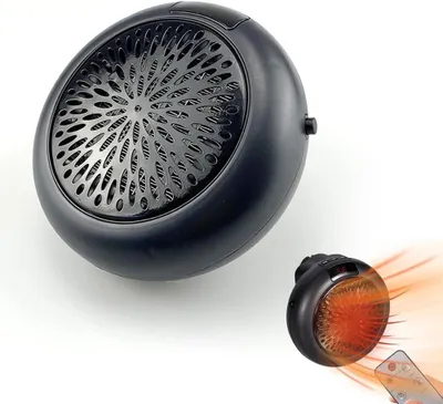 A black mini heater is shown on a white background, with a smaller version of the heater emitting heat in the foreground.