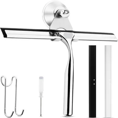 Produktbild von Famanu Duschabzieher Edelstahl, mit Reservelippe und Saugnapf - ergonomisches Design