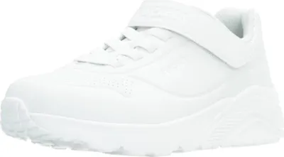 A white children's sneaker is shown from a side angle against a white background.