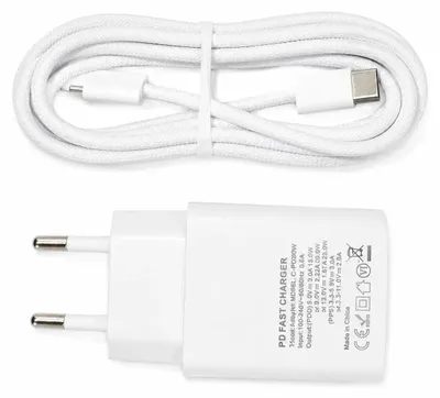 Image de Chargeur rapide USB-C - Adaptateur secteur - 20 W - PD 3.0 - Câble USB-C - Pour smartphone et tablette - Blanc