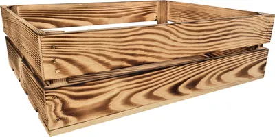 A wooden crate with a burnt wood finish.