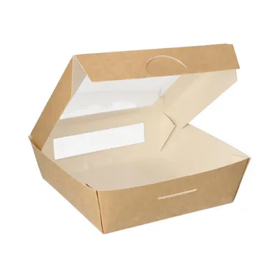 Produktbild von 1800 Feinkostboxen, Pappe mit Sichtfenster aus PLA eckig 1000 ml 16 cm x 16 cm x 5 cm braun
