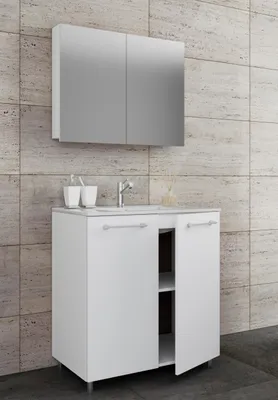 Produktbild von VCM 3-tlg. Set | 1 Waschtisch mit Drehtüren, 1 Spiegelschrank, 1 Waschbecken | Keramik Waschbecken | Unterschrank 80 cm | Waschplatz | Badmöbel Set – Badinos