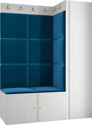 Produktbild von MIRJAN24 Garderoben-Set Orion Ryfel Slim IX, Kleiderschrank, Schuhschrank, 2x Kleiderhakenbrett, 11x Paneel 42x42, 4 Kleiderhaken für Kleidung, Metallgriffe (Farbe: Weiß, Manila 26)