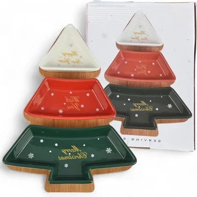 Zdjęcie produktu dla Ceramiczny zestaw świąteczny – drewniana podstawka – ceramiczne talerze – motyw choinki – dekoracje do tapas – liście oliwne – miseczki na ser – miseczki na dipy – świąteczne dodatki do wystroju wnętrz