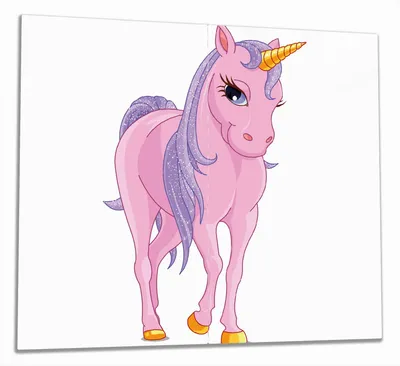 Produktbild von Wallario Herdabdeckplatte aus Glas, Größe 60 x 52 cm 2-teilig, Motiv Einhorn in rosa mit Schweif in lila II