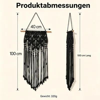 Productafbeelding van Macramé wanddecoratie, zwart, katoen met drijfhout, 60x90 cm, geschikt voor de woonkamer