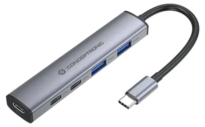 Produktbild von Conceptronic HUBBIES22G 4-Port USB 3.2 Gen 1 Hub, 2 × USB-C- und 2 × USB-A-Anschlüsse, 5 Gbit/s, USB-C PD 100 W, USB 3.2 Gen 1 (3.1 Gen 1) Type-C, USB 3.2 Gen 1 (3.1 Gen 1) Type-A, USB 3.2 Gen 1 (3.1 Gen 1) Type-C, 5000 Mbit/s, Grau, Aluminium, 100 W