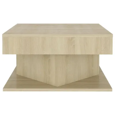 A front view of a light brown wooden coffee table against a white background.