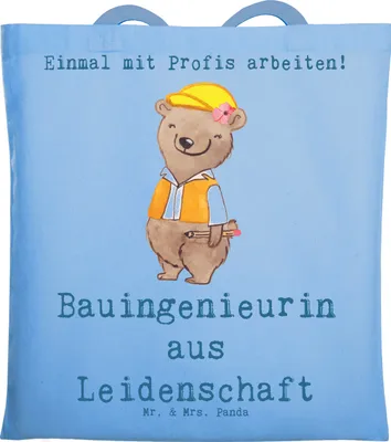Produktbild von Mr. & Mrs. Panda Tote Bag Bauingenieurin Leidenschaft - Sky Blue - Geschenk, Spruch, Baustelle, Laptoptasche, Büchertasche, Tasche, canvas, Schultasche, Lustig, Beruf