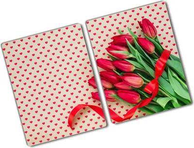 Produktbild von Tulup Glas Herdabdeckplatte - 2x40x52 cm - Glaskeramikkochfeld-Abdeckung Spritzschutz Glasabdeckplatte Kochplattenabdeckung und Schneidebrett - Zweiteilig - Blumen & Pflanzen - Tulpen Herzen - Rot